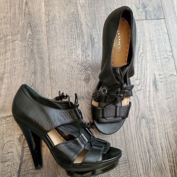Coach TEAGAN BUTTER Soft Leather Platform high heels cut out lace up sandals 8B - Picture 1 of 10